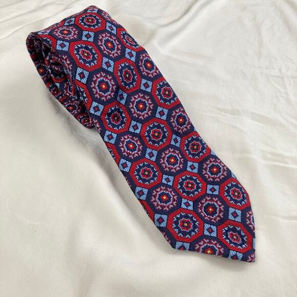 Lot of 2 Gold & Red 100% Silk Geometric Medallion Print Slim Ties Classic Length - Picture 2 of 12